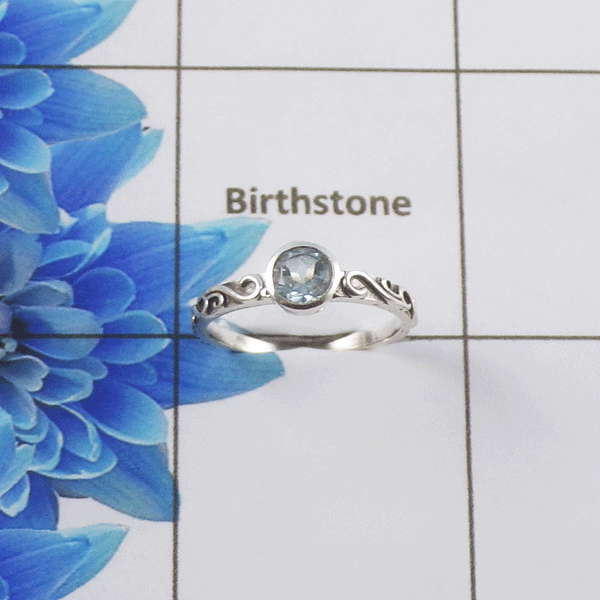 Natural Cut Stone Ring – 925 Sterling Silver Vintage Scrollwork Dainty Ring