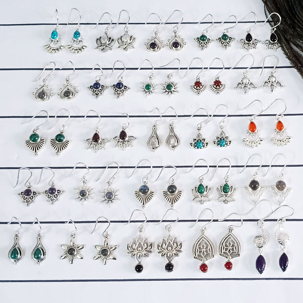 Multi Gemstone Cab Stone Earring Lot in Solid 925 Sterling Silver, Mixed Stone Earring Collection, Lightweight Jewelry Lot, A6DP58