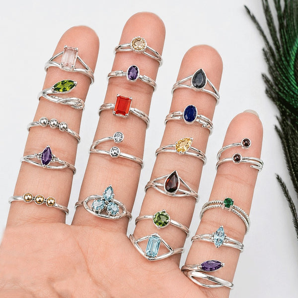 Wholesale Natural Gemstone Rings Set – 30 PCS Retailer Starter Pack | Solid 925 Sterling Silver Jewelry | Assorted Birthstone Rings- EWRL001