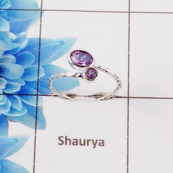 Amethyst Cut Stone Ring – 925 Sterling Silver Adjustable Elegant Ring
