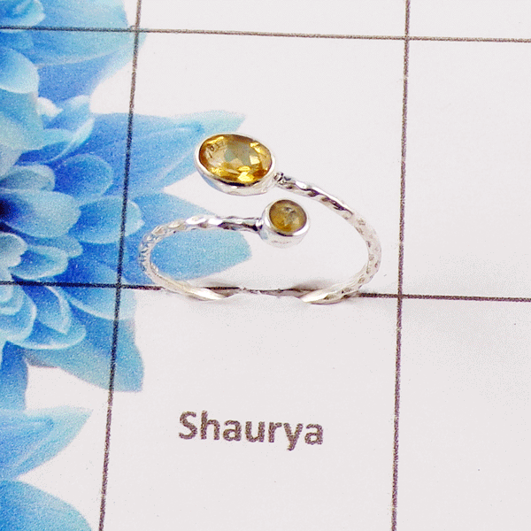 Citrine Cut Stone Ring – 925 Sterling Silver Adjustable Dainty Ring