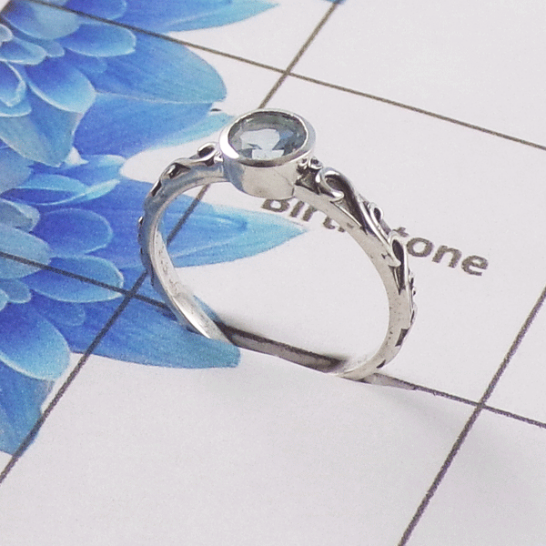 Natural Cut Stone Ring – 925 Sterling Silver Vintage Scrollwork Dainty Ring