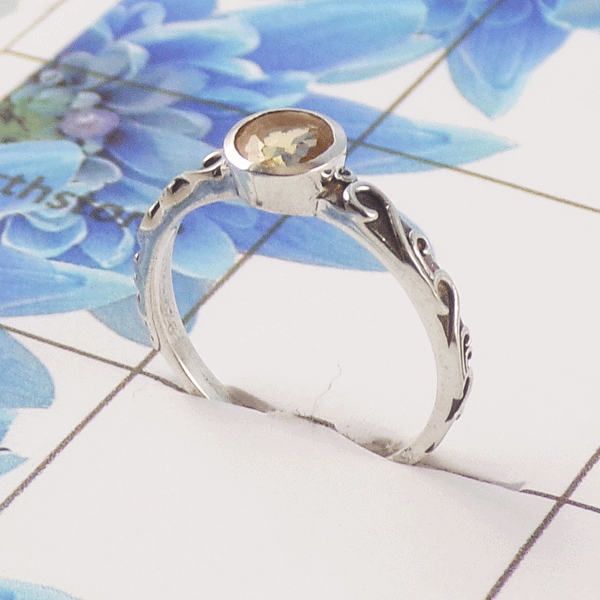 Natural Cut Stone Ring – 925 Sterling Silver Vintage Scrollwork Dainty Ring