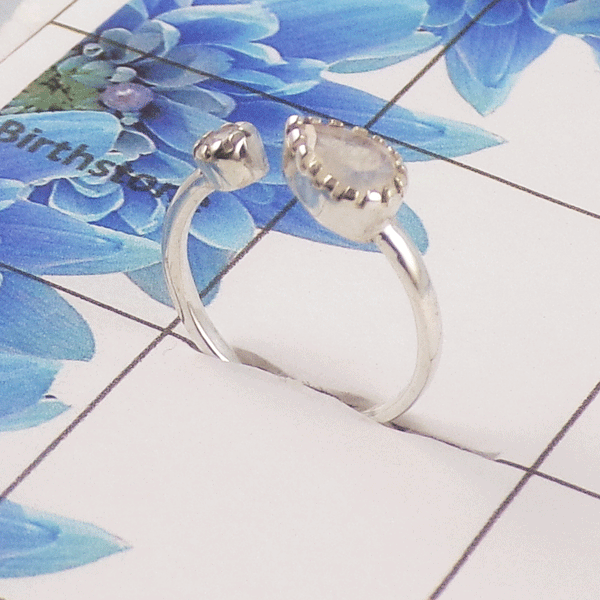 Natural Cut Stone Open Ring – 925 Sterling Silver Dual Stone Adjustable Ring