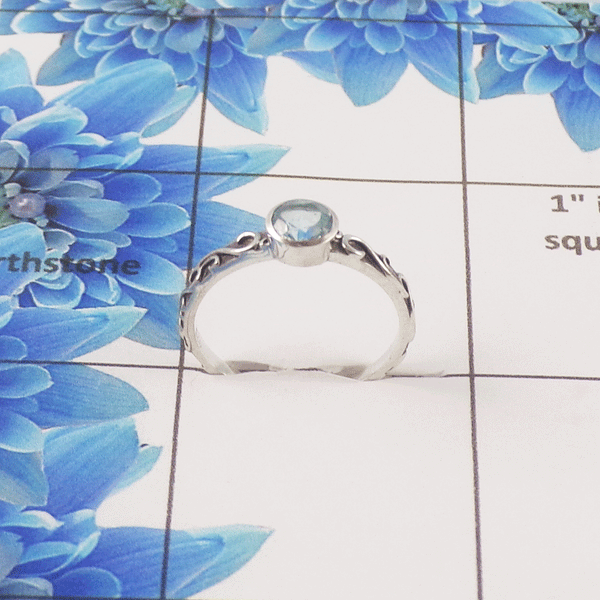 Natural Cut Stone Ring – 925 Sterling Silver Vintage Scrollwork Dainty Ring