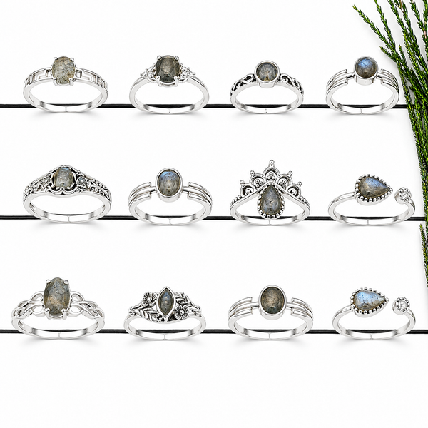 Wholesale Labradorite Cut Stone Rings Set – Assorted Designs | Solid 925 Sterling Silver Jewelry