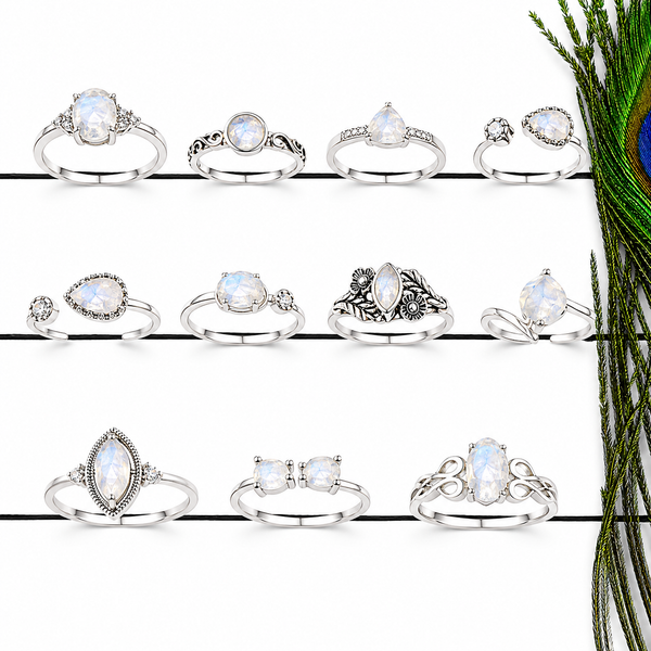 Wholesale Rainbow Moonstone Cut Stone Rings Set – Assorted Designs | Solid 925 Sterling Silver Jewelry