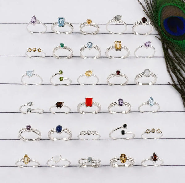 Wholesale Natural Gemstone Rings Set – 30 PCS Retailer Starter Pack | Solid 925 Sterling Silver Jewelry | Assorted Birthstone Rings- EWRL001